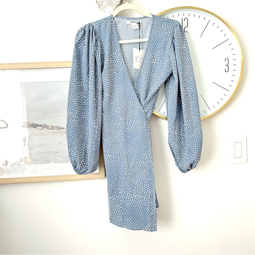 Glamorous Blue Polka Dot Wrap Dress | Puff Sleeve Mini 2 - Picture 2 of 5